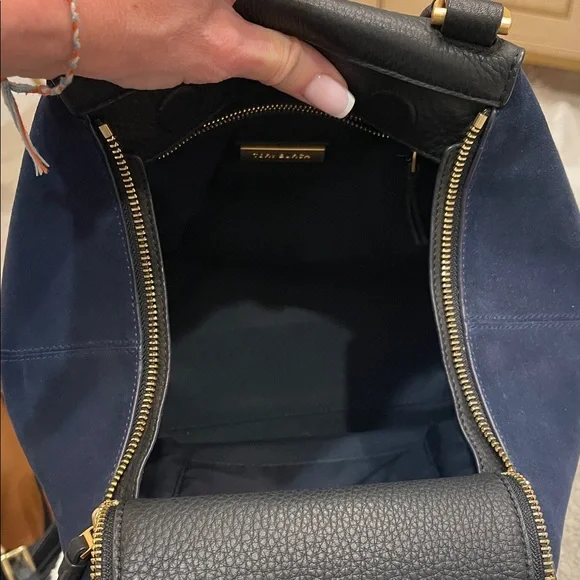 Tory Burch Black Leather & Blue Suede Half Moon Satchel - Picture 8 of 8